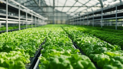 A sprawling agricultural greenhouse filled with rows of hydroponic crops and automated watering systems, Agricultural greenhouse scene, Modern and sustainable style