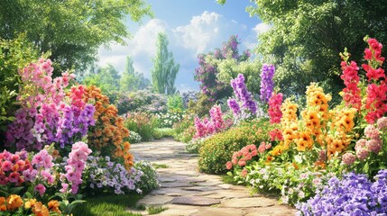 Fototapeta premium Vibrant Flower Garden Pathway Under Blue Sky and Soft Clouds