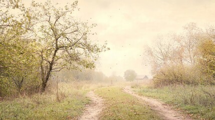Fototapeta premium Tranquil Orchard Serenity in Soft Pastels with Scattered Seeds and Distant Barn - Cinematic Ultra-Detailed Image