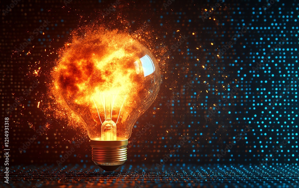 Wall mural 3D digital light bulb with bomb effect explosion, symbolizing the power of big ideas and creative minds, surrounded by blue dots on a dark background