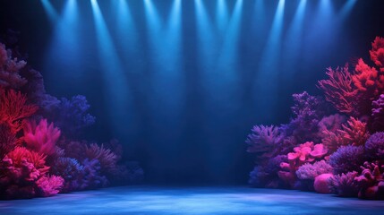 Underwater-themed performance stage with diffused deep blue lighting and aquatic decor