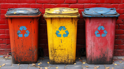Obraz premium Three colorful recycling bins against a red brick wall in an urban setting