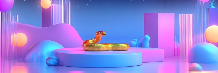 Dynamic 3D Clay Golden Snake Emerges from Transparent Display: Striking Abstract Marketing Visual with Neon Glow. Futuristic Business Concept Blends Rising Bar Graphs, Metaverse Elements, and Cosmic B