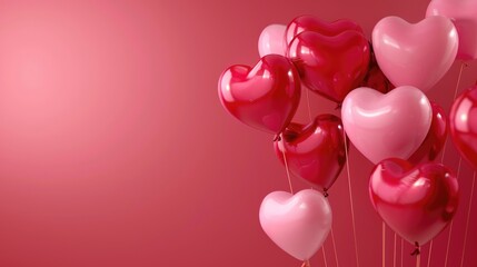Romantic background banner featuring a cluster of glossy pink and red heart-shaped balloons, symbolizing love and celebration, with generous copy space on the left.