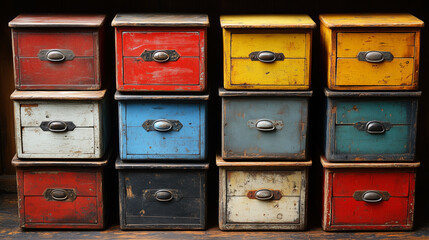 Vintage wooden drawers in assorted colors with distressed textures and metal handles