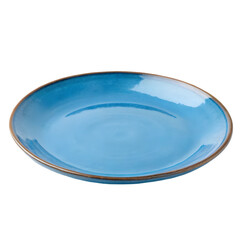 empty blue ceramic pottery plate on transparent background
