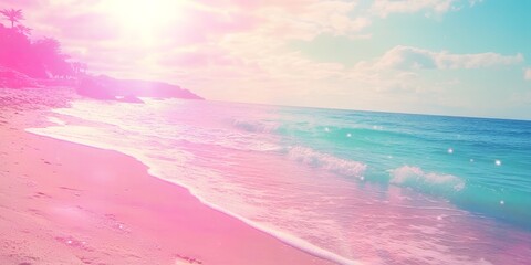 Serene Pink Beach Scene Tranquil Ocean Waves on a Pastel Sandy Shore at Sunset