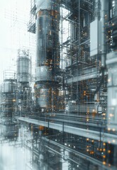 Futuristic Industrial Facility with AI-Driven Surveillance Systems and Digital Data Flow