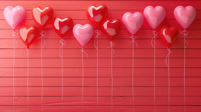 Red and Pink Glossy Heart Balloons against a Textured Red Wall Background. Romantic Frame for Valentine's Day, Anniversary, Love, or Greeting Cards. - Powered by Adobe