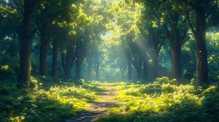 Obraz premium tranquil forest scene with sunlight filtering through trees, creating serene atmosphere
