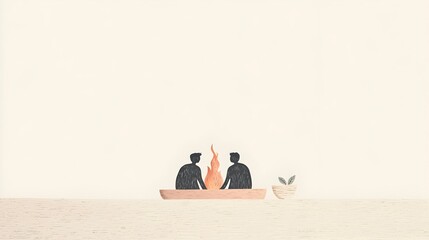Two Figures by Fire with Minimalist Background