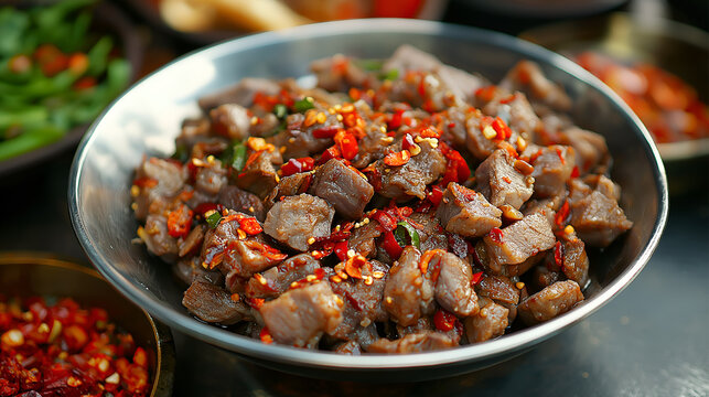 Chilli wild boar. Thai food, fried wild boar with chilli and Thai hurbs
