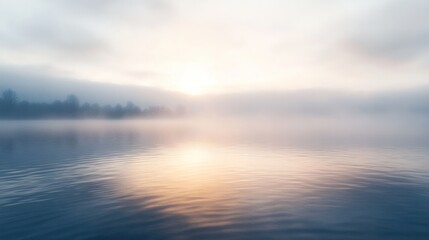 Naklejka premium A calm lake at sunrise with light rays filtering through the mist and gently reflecting off the surface of the water, creating a serene and peaceful atmosphere.
