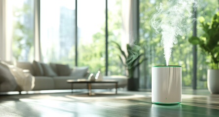 An air purifier in white and green colors releases a soothing mist in a contemporary living room. The spacious area features large windows that let in natural light and showcase greenery outside.
