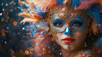 vibrant carnival scene featuring person in colorful mask adorned with feathers and glitter, radiating joy and celebration