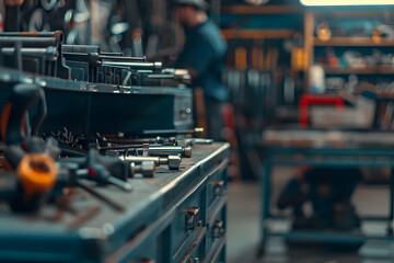 Naklejka premium Precision tools on industrial workshop table