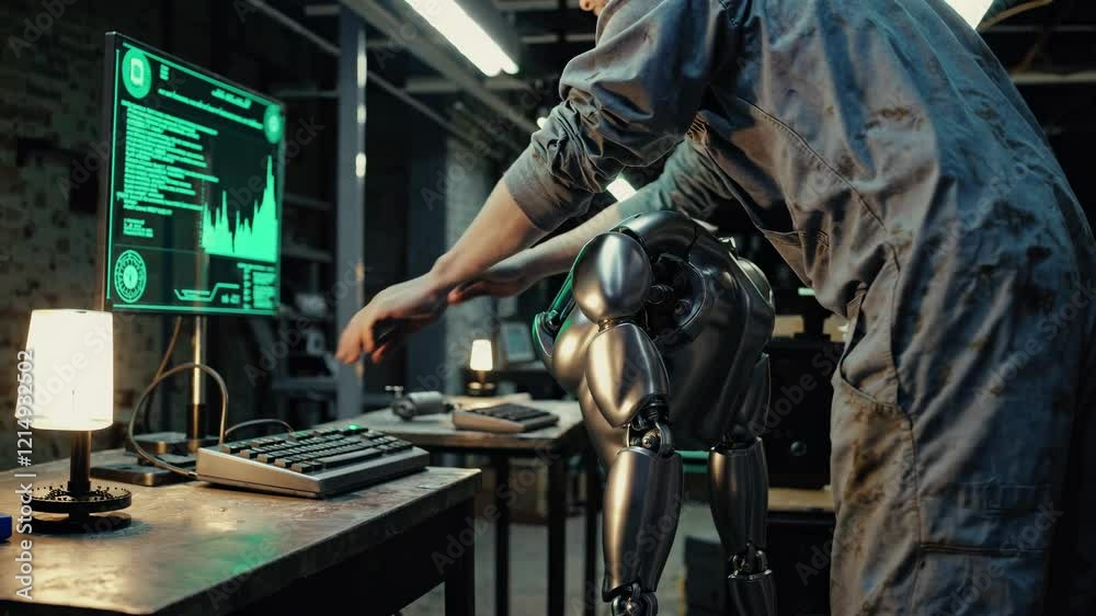 Poster robot assembly in a high-tech workshop with glowing screens and digital interfaces during nighttime