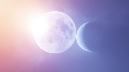 A close-up of a bright sun and a glowing moon sharing the same sky, with their outlines visible against a soft gradient of twilight blue and lavender. 