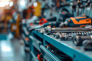 Detailed view of an organized professional toolset in a mechanical workshop