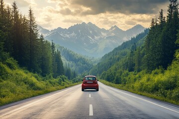 Electric Vehicle Driving on Scenic Spring Road in Countryside Landscape