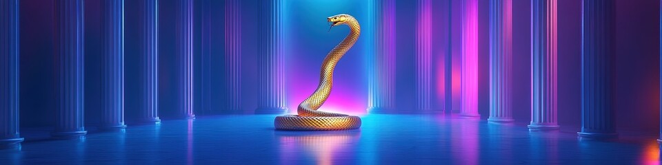 Dynamic 3D Clay Golden Snake Emerges from Transparent Display: Striking Abstract Marketing Visual with Neon Glow. Futuristic Business Concept Blends Rising Bar Graphs, Metaverse Elements, and Cosmic B