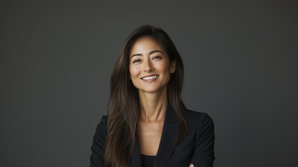 Portrait of a beautiful brunette asian woman with confidence in a black suit