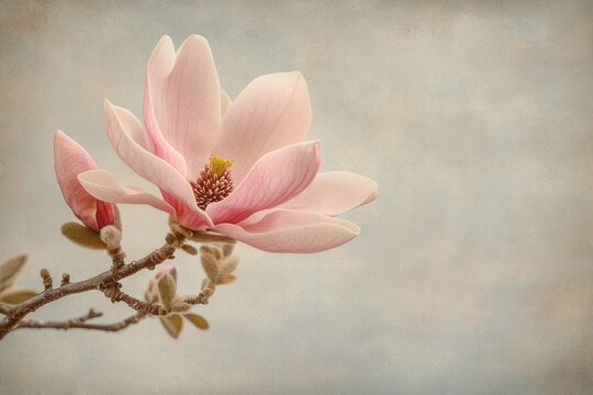 A close-up of a vibrant pink magnolia flower blooming on a branch with delicate petals and budding flowers, surrounded by soft spring lighting