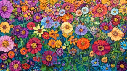 Vibrant Floral Garden with Colorful Blossoms and Lush Greenery