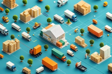 Obraz premium A vibrant, miniature cityscape with trucks, warehouses, and cargo, illustrating logistics and transportation in a playful, detailed design.