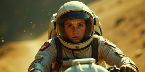 Closeup Portrait: Female Astronaut in Spacesuit on Desert Planet | Futuristic Space Exploration