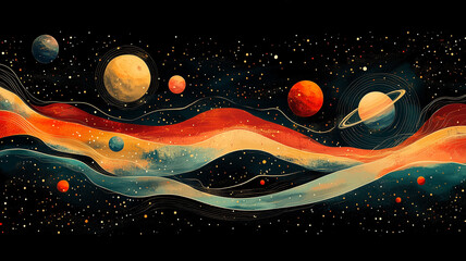 whimsical illustration of planets, stars, and colorful waves in space