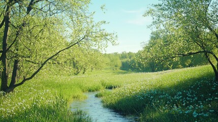 Serene Meadow Stream with Turquoise Buds and Orchard Stands in Cinematic Ultra-Detailed Image