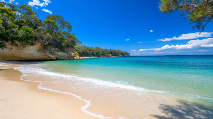 tranquil beach cove in secluded location with clear blue water, soft sand, and lush greenery. serene atmosphere invites relaxation and enjoyment of nature beauty