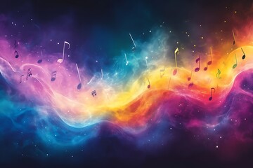 Colorful musical notes in abstract nebula.