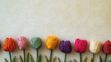 Colorful yarn tulips on beige background for international women's day march 8 concept of handmade creativity and spring celebration