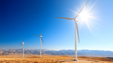 Aerial view of wind farm with several wind turbines under bright sun, showcasing renewable energy in vast landscape. scene captures beauty of nature and technology harmoniously