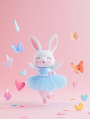 Obraz premium Adorable cartoon bunny in a blue tutu surrounded by colorful butterflies and heart-shaped decorations on a soft pink background. Love postcard, kids design, greeting card, easter theme