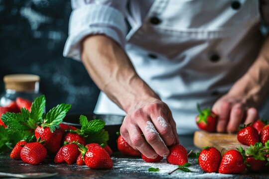 Professional pastry chef's hands arranging fresh, ripe organic strawberries and mint leaves on a dark, rustic kitchen counter, preparing gourmet dessert plating. - Powered by Adobe