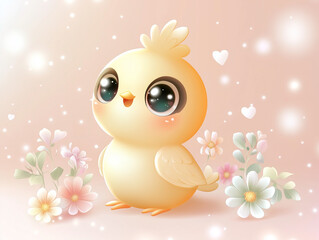 Adorable baby chick with big sparkling eyes and a happy expression, surrounded by delicate pastel flowers and floating hearts. Anime kawaii style. Easter postcard