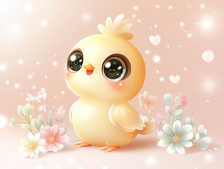 Adorable baby chick with big sparkling eyes and a happy expression, surrounded by delicate pastel flowers and floating hearts. Anime kawaii style. Easter postcard
