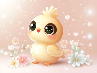 Adorable baby chick with big sparkling eyes and a happy expression, surrounded by delicate pastel flowers and floating hearts. Anime kawaii style. Easter postcard
