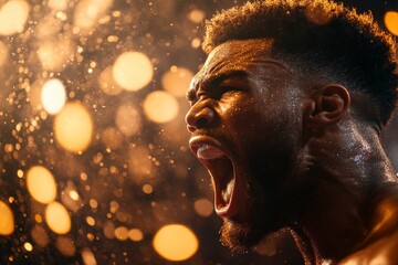 A boxer in the ring roaring in frustration after missing a punch, sweat dripping from their face under bright lights