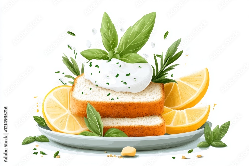 Poster a bright and playful depiction of a slice of zucchini bread on a plate, drawn with soft lines and vi