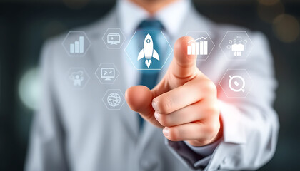 Business Interface with Hand Pointing to Growth and Technology Icons &ndash; Professional Corporate Concept