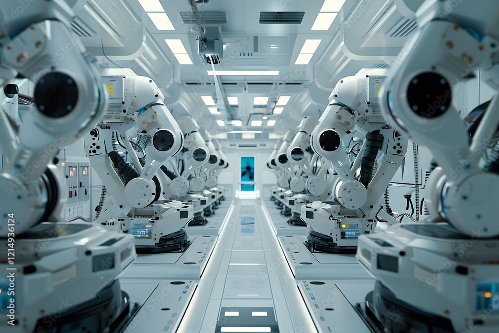 Poster Advanced robotics assembly line in high-tech factory