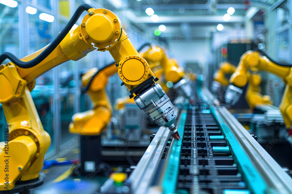 Poster modern industrial robots in automated factory