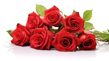 Obraz premium A vibrant bouquet of red roses with dew drops on the petals, arranged elegantly with soft green leaves.