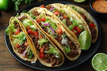 Delicious ground beef tacos on dark plate. Fresh lettuce, juicy tomatoes, onions on top of beef filling. Crispy corn tortillas perfect for quick, tasty lunch. Lime wedges add refreshing touch. Tacos