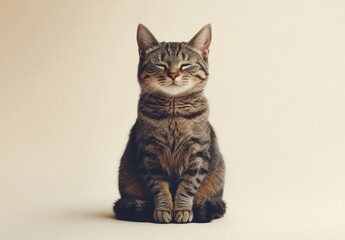 Obraz premium Adorable tabby cat sitting calmly with eyes closed, conveying a sense of tranquility and contentment, ideal for pet lovers and animal-themed projects.