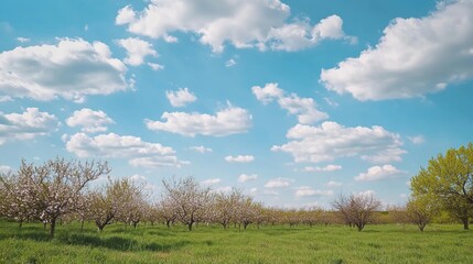 Fototapeta premium Violet Buds in Wind-Blown Orchards: A Cinematic Nature Symphony Under Luminous Skies